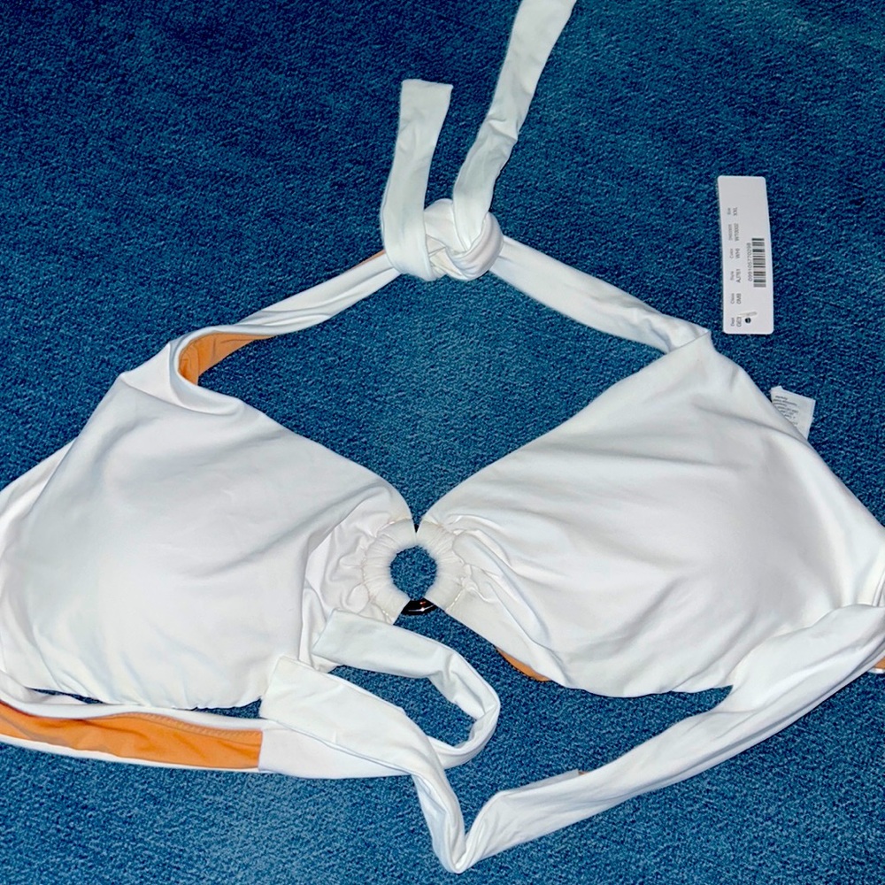 J Crew White Bikini Top (NWT) w/Tortoise Key-hole - Sz XXL. Breast pad inserts
